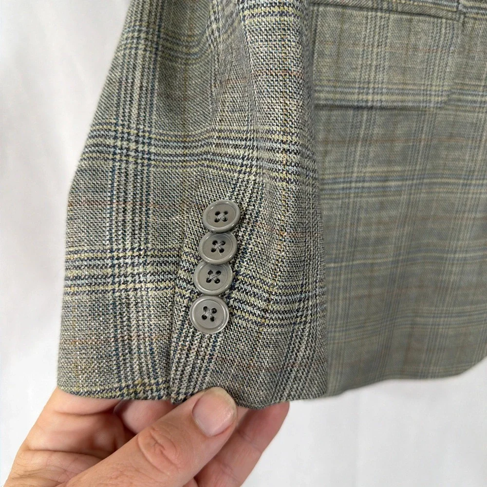 Jack Victor Sport Coat Glen Plaid Bamboo Blazer Grey Tan Mens 42R Blazer